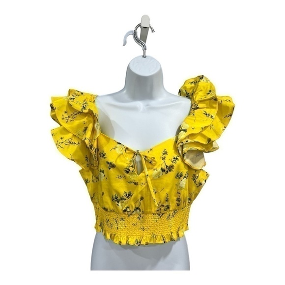 Alice + Olivia Yellow Floral Cropped Ruffle sleeve Top Sz M $350 - Picture 6 of 14